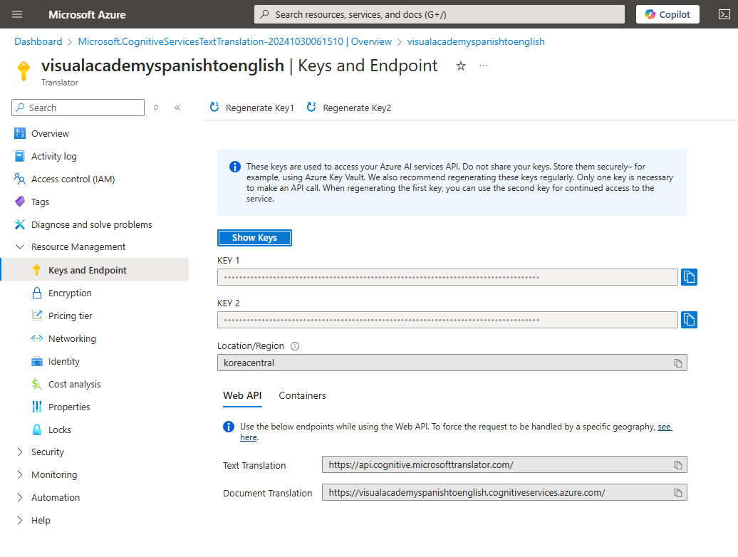 Translator 서비스를 위한 Access Key 및 Region 확인