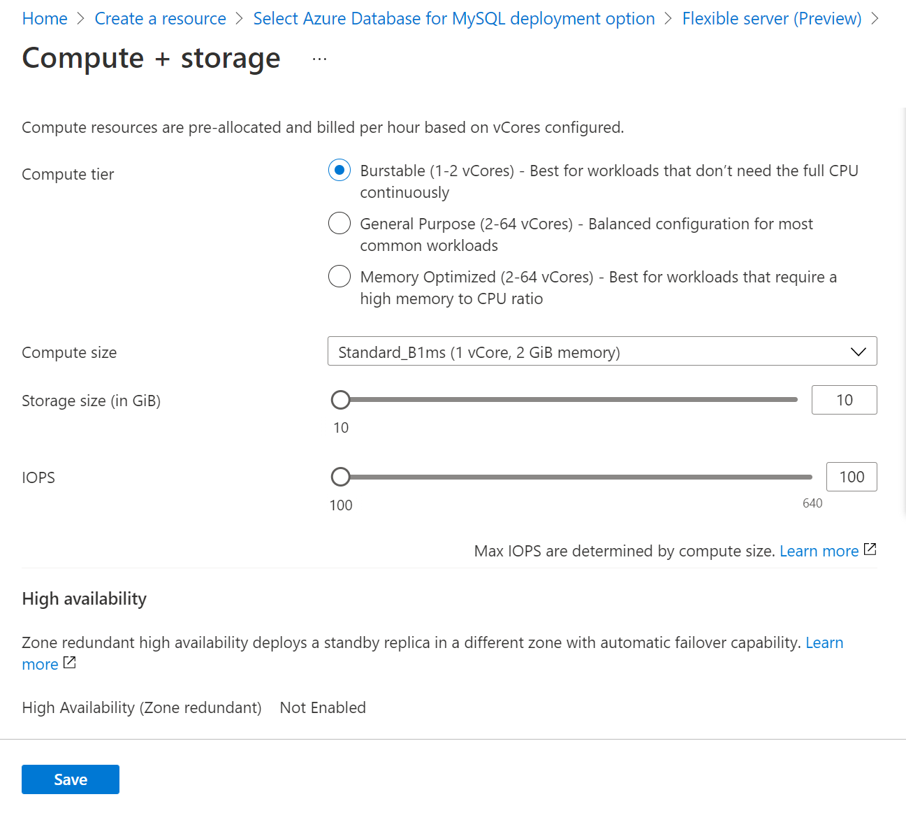 컴퓨팅 및 스토리지 옵션을 보여 주는 스크린샷